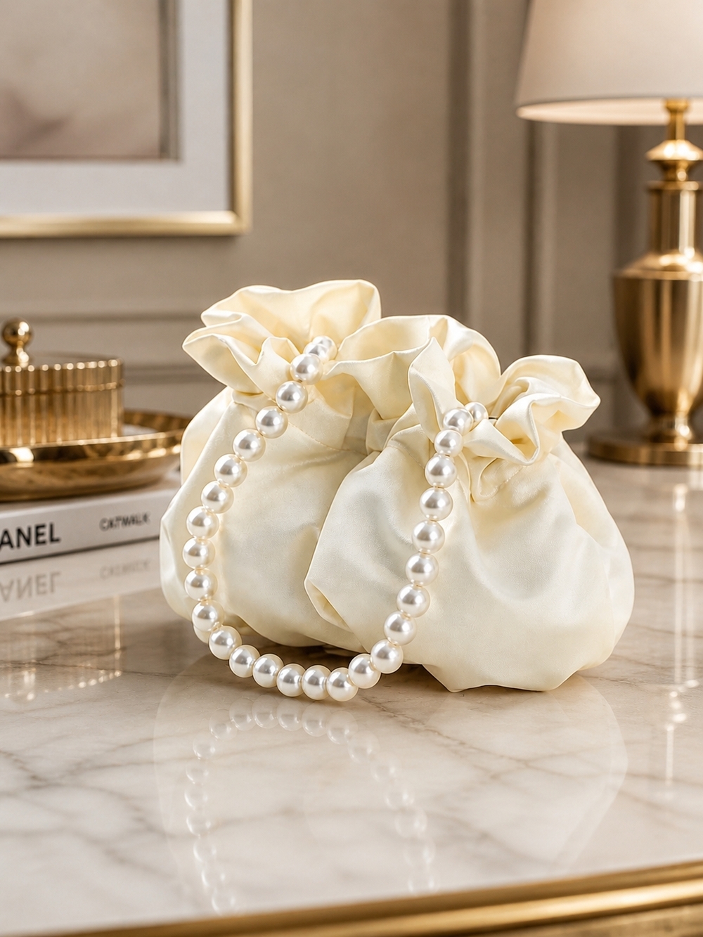Pearl Handle Mini Bag Ivory Bridal Evening Clutch Satin-Like Finish
